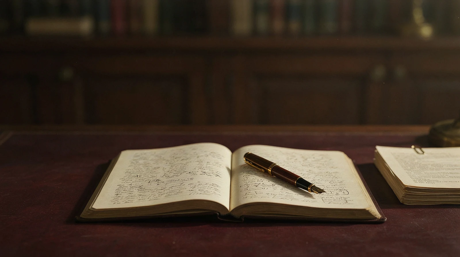 A fountain pen resting across an open journal filled with handwritten notes.