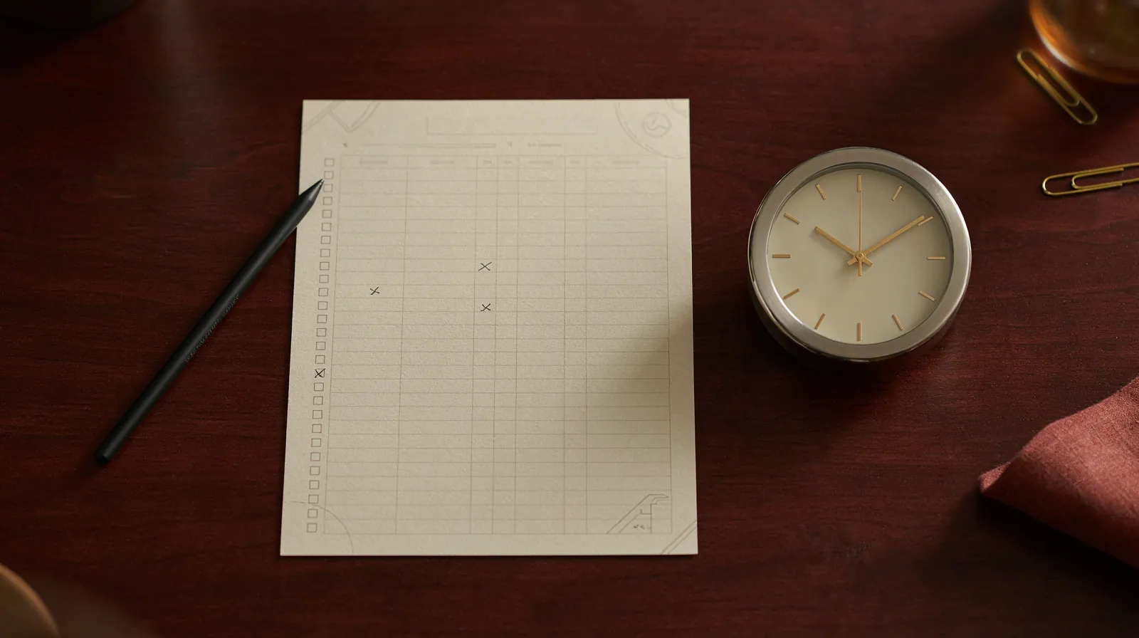 A stamped governance checklist on a boardroom table beside a gold desk clock.