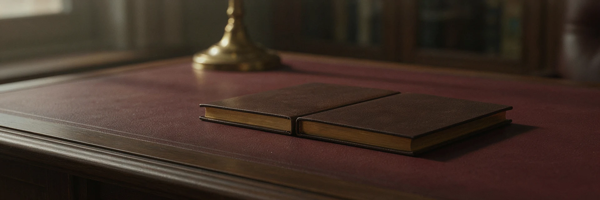 Two identical leather-bound notebooks resting side by side on a desk.