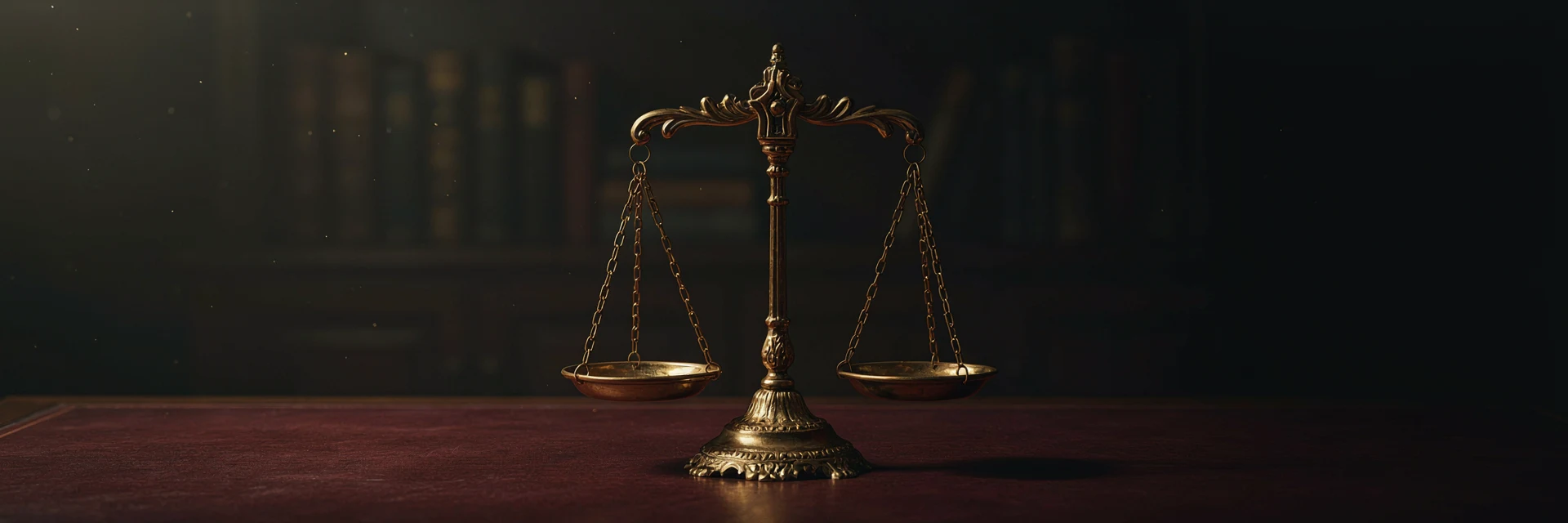 An antique brass balance scale resting level on a desk.