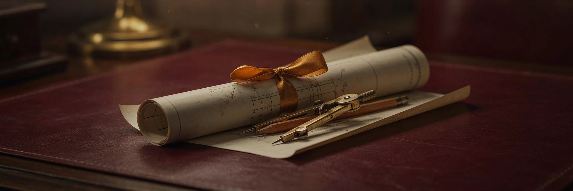 A brass drafting compass and pencil resting on a rolled architectural blueprint tied with a gold ribbon.