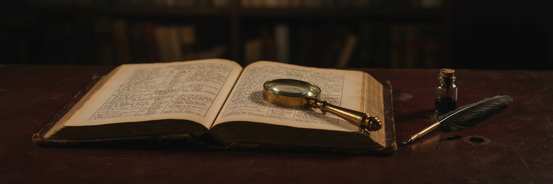 An open antique dictionary with a brass magnifying glass and quill pen resting on its pages.