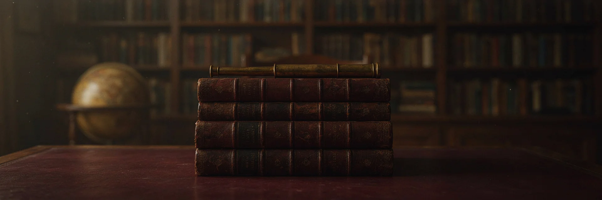 A small brass telescope resting on a stack of leather-bound ledgers.
