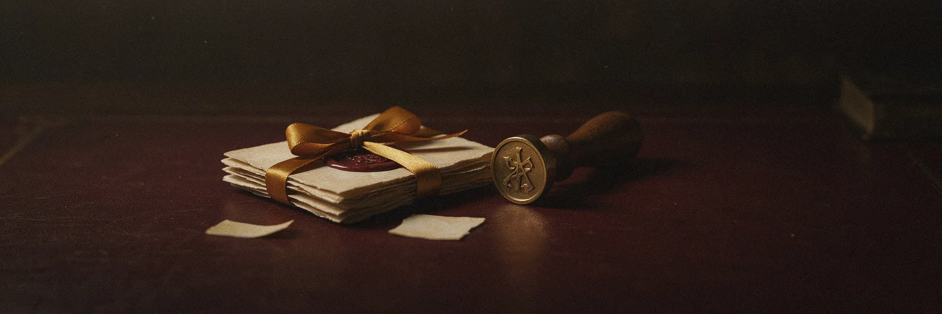 A brass wax-seal stamp beside a stack of folded documents tied with a ribbon.