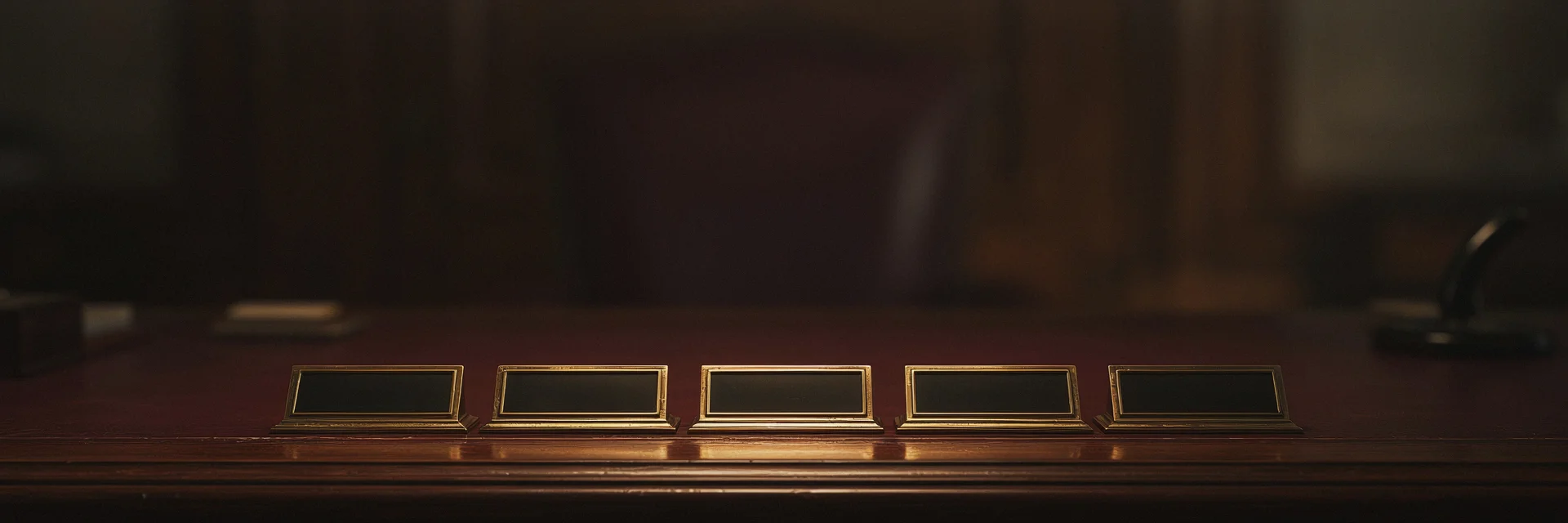 A row of blank brass nameplate holders on a polished desk.