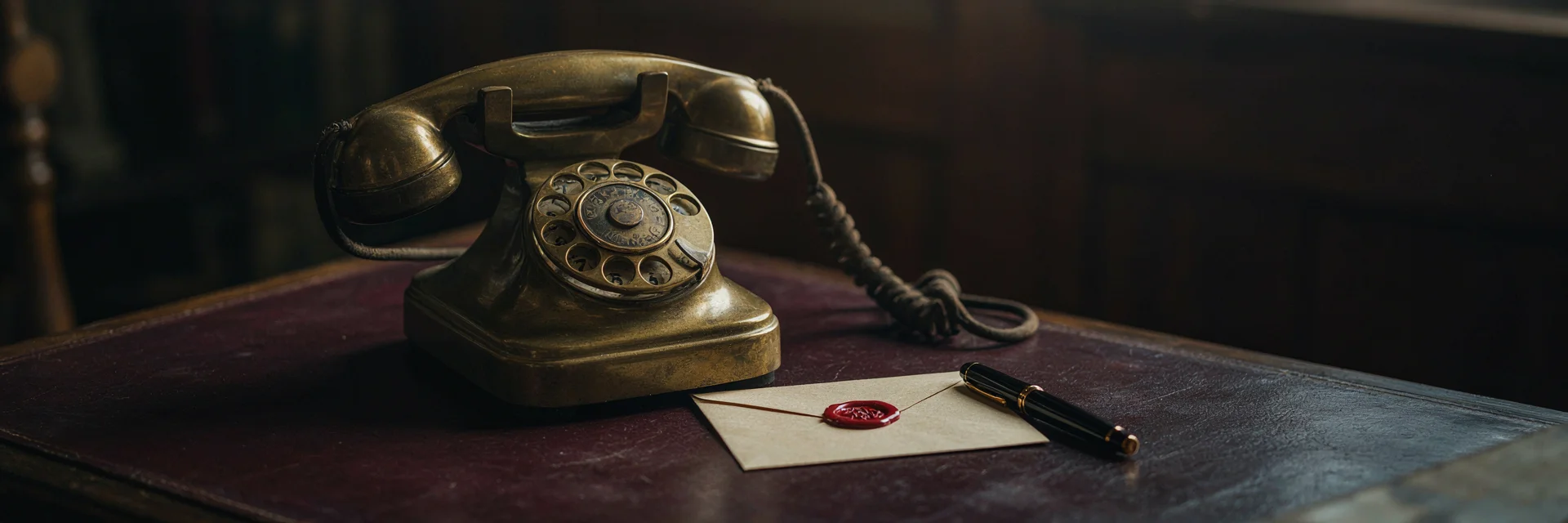 A vintage brass telephone beside a wax-sealed envelope and a fountain pen.